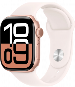 Apple Watch Series 10, 42 мм корпус из алюминия цвета Розовое золото, спортивный ремешок цвета Сияющая звезда