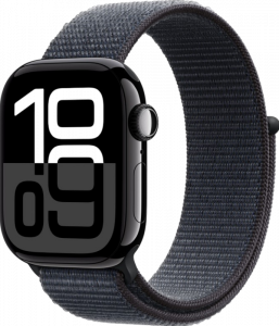 Apple Watch Series 10, 46 мм корпус из алюминия цвета Черный глянец, текстильный ремешок цвета Темно-синий