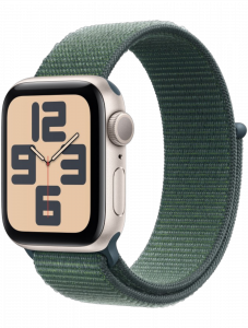 Apple Watch SE 2024, 44 мм Корпус из алюминия цвета Сияющая звезда, текстильный ремешок цвета Темно-зеленый