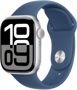 Apple Watch Series 10, 46 мм корпус из алюминия цвета Серебристый, спортивный ремешок цвета Синий деним