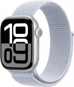 Apple Watch Series 10, 42 мм корпус из алюминия цвета Серебристый, текстильный ремешок цвета Облачный голубой
