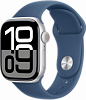 Apple Watch Series 10, 46 мм корпус из алюминия цвета Серебристый, спортивный ремешок цвета Синий деним